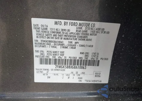 2016 Ford Flex Se from USA, damaged, VIN 2FMGK5B8XGBA10063